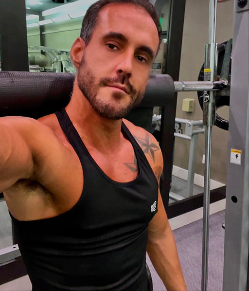 gymrat trainer muscular inked bearded trim bodybuilder